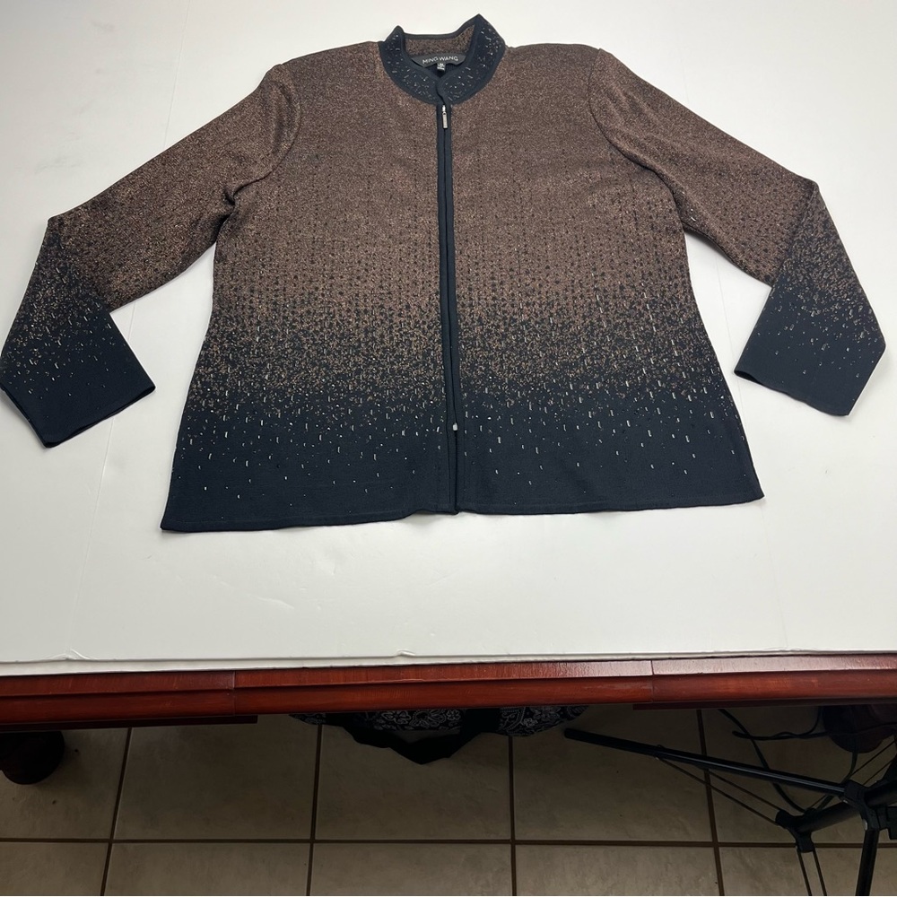 Ming Wang Ombré Bronze Black Beaded Zip Knit Jacket Womens Medium Office Career